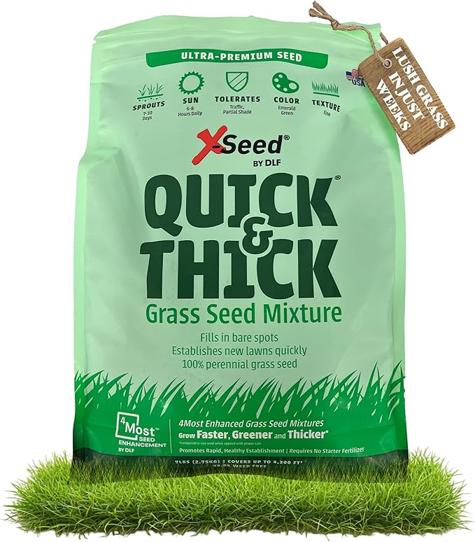 X-Seed Ultra Premium Quick and Thick Lawn Seed Mixture – Rapid Germination for Any Lawn, Dense Coverage in Sun to Shade, High-Traffic Areas, Fescue, Kentucky Blue, & Perennial Ryegrass Blend, 7lb Bag