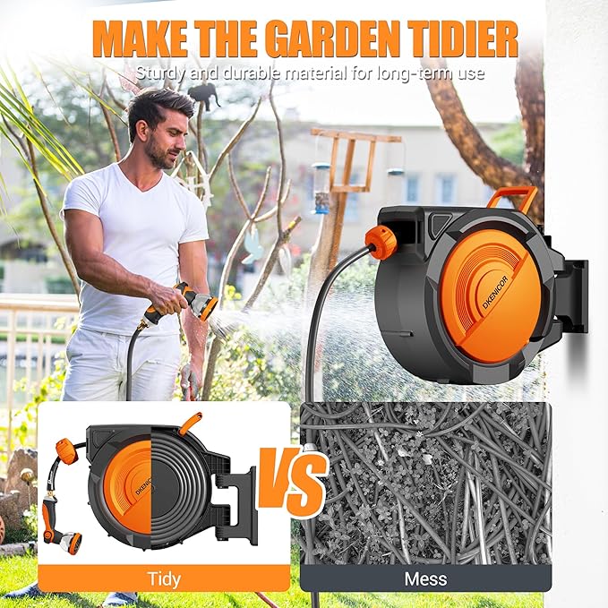 5/8" × 110 ft Retractable Hose Reel, Heavy Duty Retractable Garden Hose Reel Wall Mounted with 10-Pattern Hose Nozzle/Any Length Lock/Slow Return System/180°Swivel Bracket, Orange