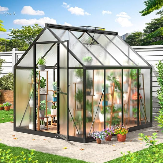 Greenhouse 6×7.5 FT, Quick Setup Polycarbonate Greenhouse for Outdoors with Roof Vent, Walk in Green Houses for Outside for Outdoor Garden Backyard, Black