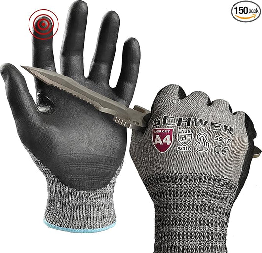 Schwer A4 AIR-SKIN Cut Resistant Work Gloves AR5918 with Extreme Lightweight & Thin, Grip Gloves for Fishing, Refined Work, Mechanic, Gardening, Touch-Screen, Non-PFAS, 3D-Comfort Fit, 150 Pair (M)