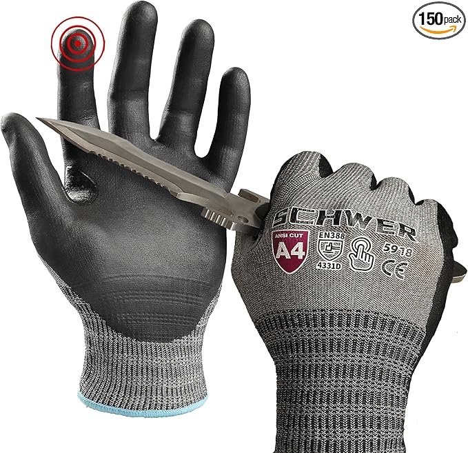 Schwer A4 AIR-SKIN Cut Resistant Work Gloves AR5918 with Extreme Lightweight & Thin, Grip Gloves for Fishing, Refined Work, Mechanic, Gardening, Touch-Screen, Non-PFAS, 3D-Comfort Fit, 150 Pair (L)