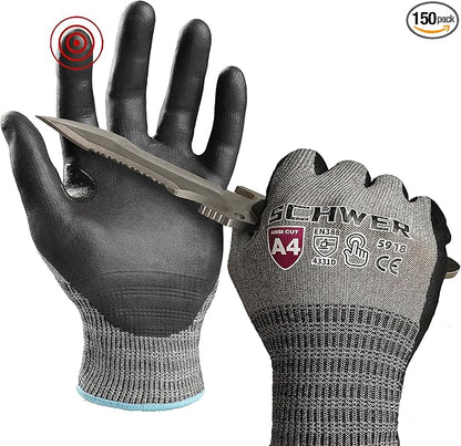 Schwer A4 AIR-SKIN Cut Resistant Work Gloves AR5918 with Extreme Lightweight & Thin, Grip Gloves for Fishing, Refined Work, Mechanic, Gardening, Touch-Screen, Non-PFAS, 3D-Comfort Fit, 150 Pair (L)