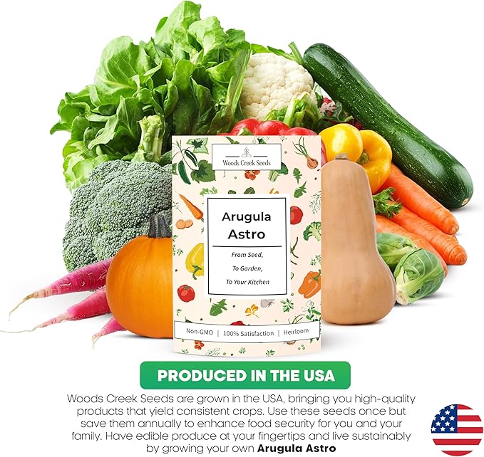 Woods Creek Seeds: Arugula Astro Seeds for Planting - Over 1,300 Heirloom, Non-GMO Arugula Seeds for Planting - Fast-Growing Astro Seed Pack for Gardening Indoors or Outdoors - Ideal for Green Salad