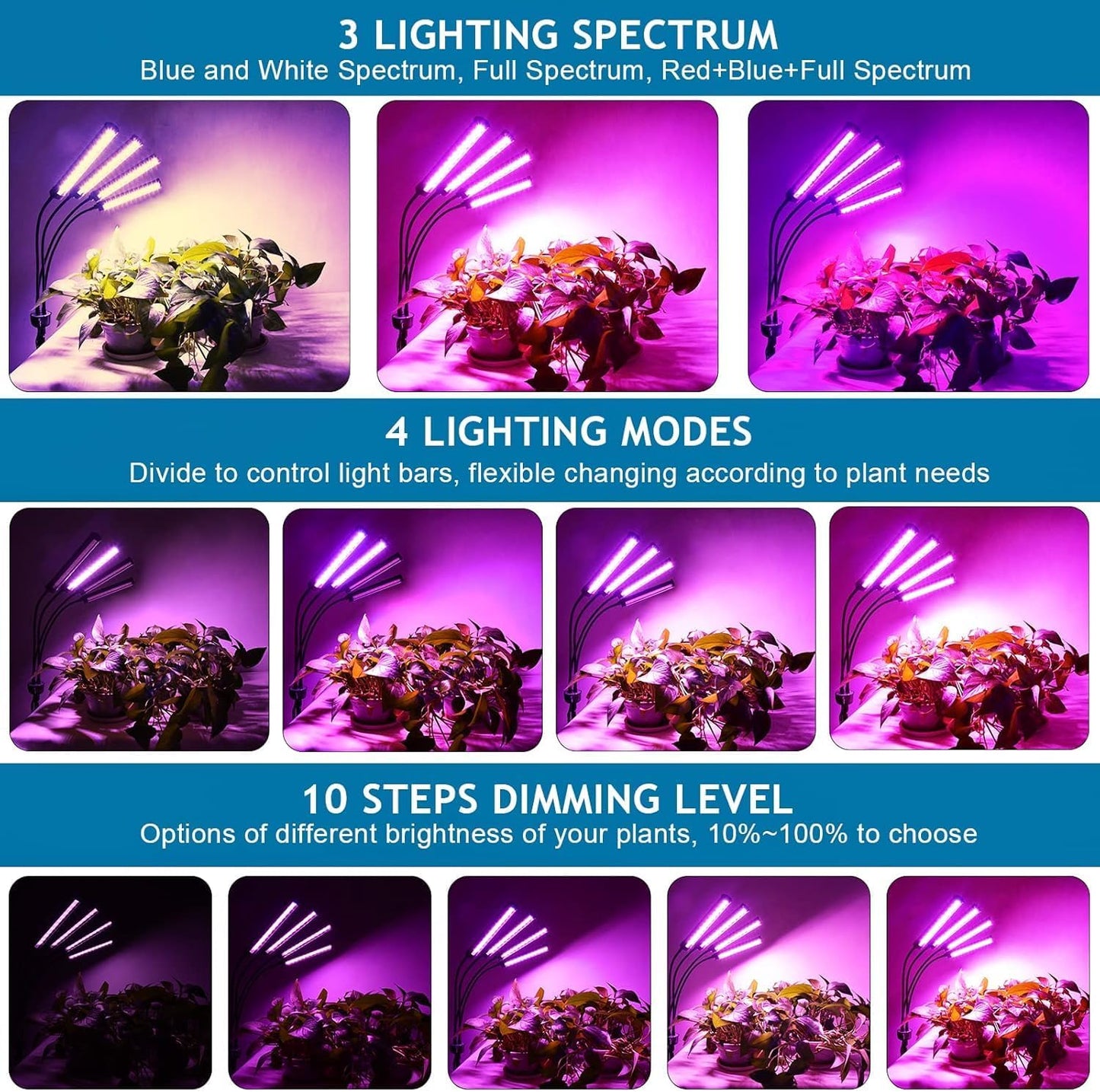 LED Grow Lights for Indoor Plants, 432 LEDs Red Blue White Full Spectrum Plant Lights for Indoor Growing with 15-63 inches Adjustable Tripod Stand, 4 Heads Grow Lamp with 4/8/12H Auto On/Off Timer