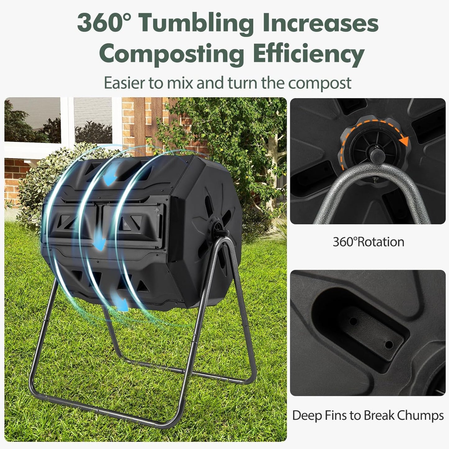 S AFSTAR Composter Tumbler Outdoor, 42-Gal Dual Chamber Tumbling Composter with 2 Sliding Doors, Metal Frame, BPA-Free Large Rotating Compost Bin Tumbler for Garden Yard Waste (Black)