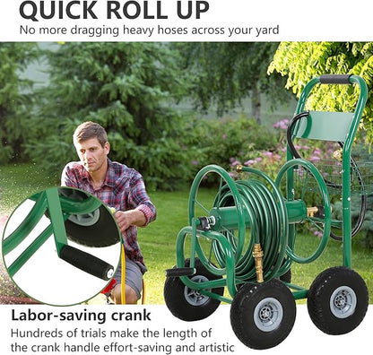 Hose Reel Hold Up To 300 Ft Heavy Duty Garden Hose Reel Sturdy Water Hose Reel Cart with 4 Wheels Storage Basket for Garden Lawn Yard Outdoor (Green)