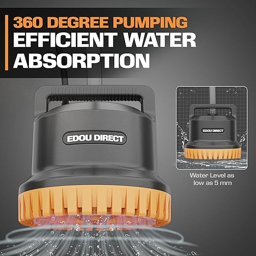 EDOU Pool Pump - Dual Usage Submersible & Pool Cover Pump - 850 GPH Flow Rate - Ideal for Water Draining - Ultra Quiet Pump - Includes 3 Adapters 1/4" 1/2" & 3/4", 25ft Power Cord & 16ft Drainage Hose