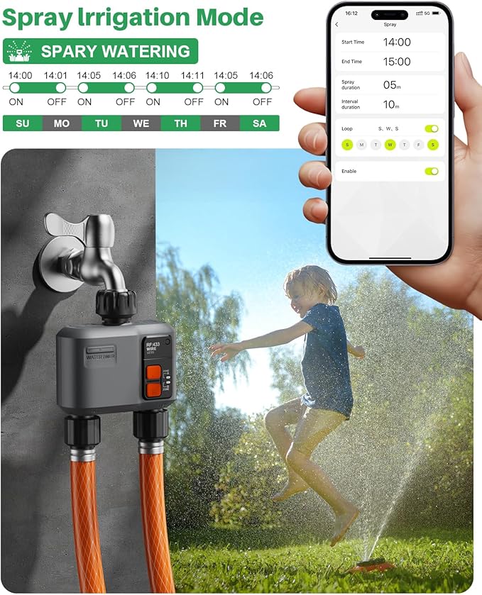WiFi Sprinkler Timer 2 Zone with 984 Feet RF Gateway, 2 Outlet Smart Water Timer for Garden Hose with Rain Delay/Manual/Automatic,WiFi Water Hose Timers for Garden & Lawns