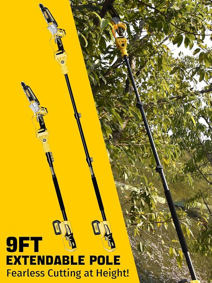 Cordless Pole Saw, 8-INCH 2-IN-1 Chainsaw with 21V 4.0Ah Battery Powered, Electric Tree Trimmer with 9FT Telescopic Pole, 180°Angle for Tree Branches Pruning & Wood Cutting, Battery Included