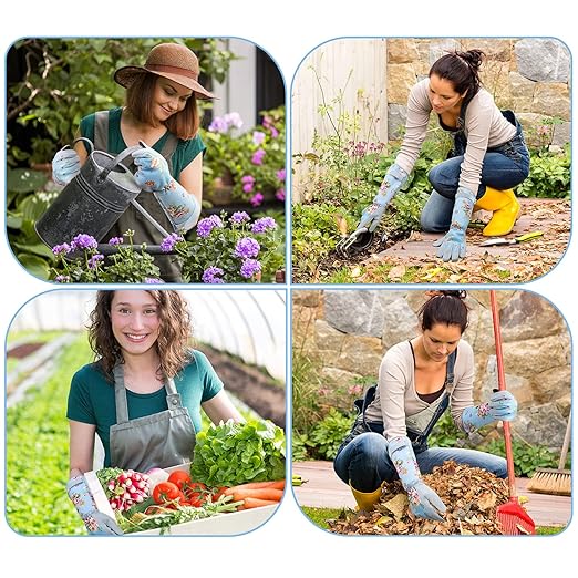 Women's Long Arm Gardening Gloves, Flexible Hand Protection, Ergonomic Design for Digging, Trimming & Garden Maintenance, Blue Large