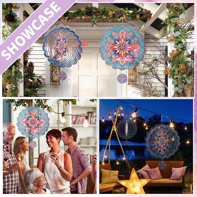 3D Mandala Wind Spinner, 12 Inch Stainless Steel Outdoor Wind Sculpture, Handcrafted Metal Garden Art for Patio, Yard, Weatherproof & Silent Spinning Mandala Decor
