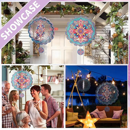 3D Mandala Wind Spinner, 12 Inch Stainless Steel Outdoor Wind Sculpture, Handcrafted Metal Garden Art for Patio, Yard, Weatherproof & Silent Spinning Mandala Decor