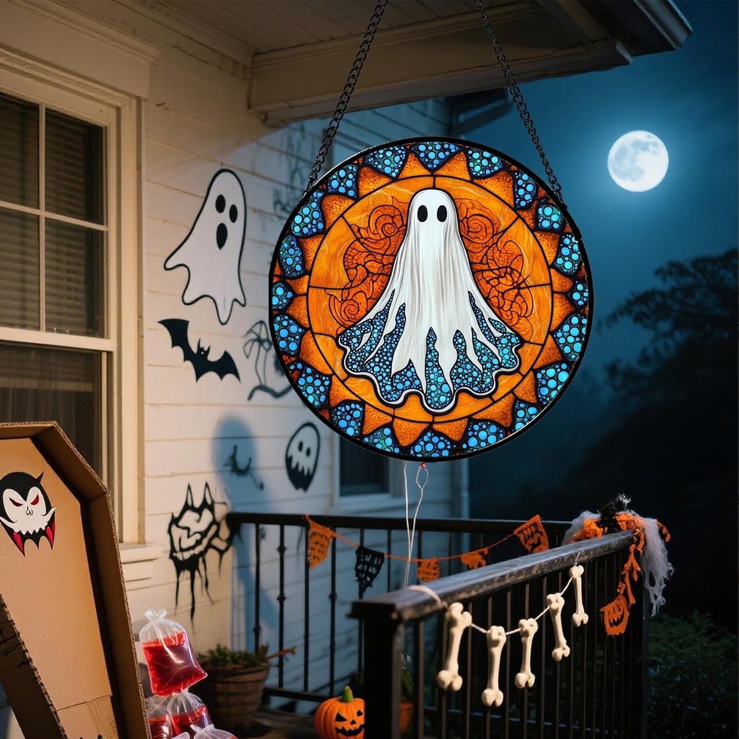 Stained Glass Window Hanging - Halloween Decorations White Ghost Suncatcher for Doors Garden Indoor Spooky Funny Blue Sun Catchers Gothic Decor Horror Gifts for Women Men Friend 15 in