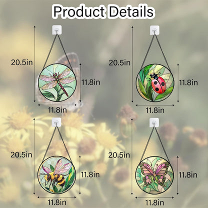 Stained Glass Window Hanging 4 Pcs Set Pink Green Insect Theme Large 11.8" - Butterfly Suncatcher Door Garden Sun Catcher Decor Birthday Christmas for Mom Woman Nana Men