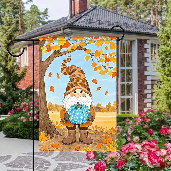 Fall Gnome Garden Flag 12x18 Inch Double Sided Autumn Gnome Holding Blue Pumpkin Yard Flags Harvest Banner for Thanksgiving Porch Lawn Outdoor Decoration
