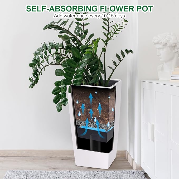 GarveeLife 30" Tall Planters Set of 2, Outdoor&Indoor Black Planter Pots, High Front Porch Planter Pots with Drainage Holes&Water Level Monitor Movable Wheels &Inner Bucket, Automatic Watering, White