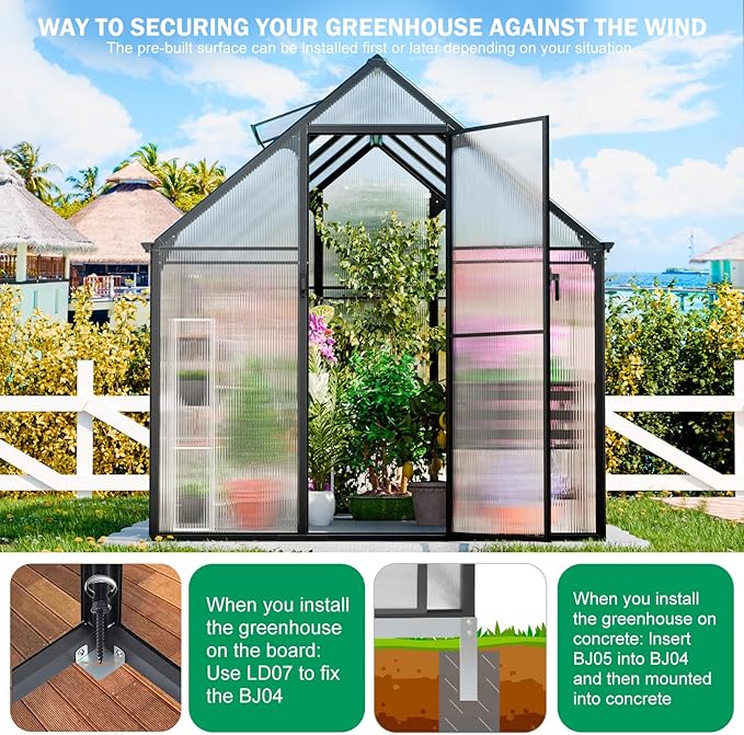Polycarbonate Greenhouse, 8.2x6.2 FT Easy Assembly Aluminum Heavy Duty Greenhouses for Outdoors w/ Window, Swing Door, Walk-in Green House for Sunroom,Outside, Backyard, Garden, Black