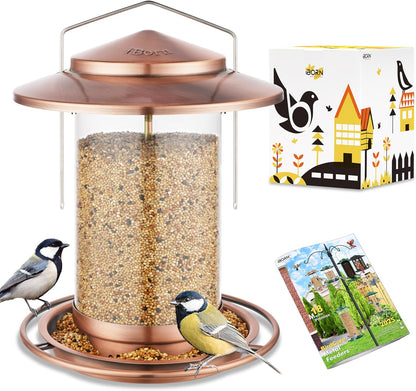 iBorn Bird Feeders for Outdoors Hanging,Metal Bird Feeders for Cardinal Chew Proof 18cm Large Roof&Tray Birdfeeders Outside Hanging,Brushed Copper 6 Port (Seed is not Included)