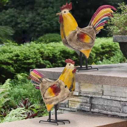 Metal Rooster and Hen Statues Set of 2, Indoor Outdoor Chicken Yard Art Decorations, Farmhouse Kitchen Table Garden Patio Lawn Decor, Gray Yellow Sculptures 12.2x11.5 Inch