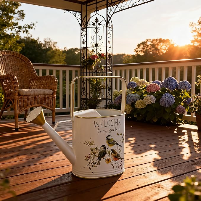 Vintage Decorative Metal Watering Can - Welcome to My Garden with Charming Bird & Floral Design, Rustic Farmhouse Watering Pot Planter for Indoor/Outdoor Plant Care