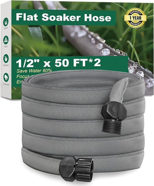 Flat Soaker Hose 50 FT*2Pack for Garden Beds, Linkable Drip Irrigation Hose, Double-Layer PVC, Leakproof & Kink-Resistant, Even Seepage Saves up to 80% Water