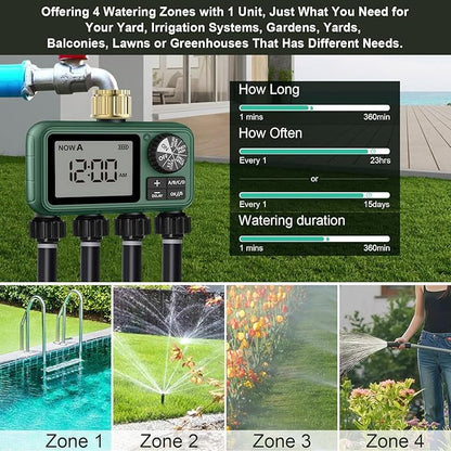 4 Zone Sprinkler Timer with Brass Inlet,Programmable Water Timer for Garden Hose with Rain Delay, Manual& Automatic Watering System,Programmable Digital for Lawn Yard,4 Zone