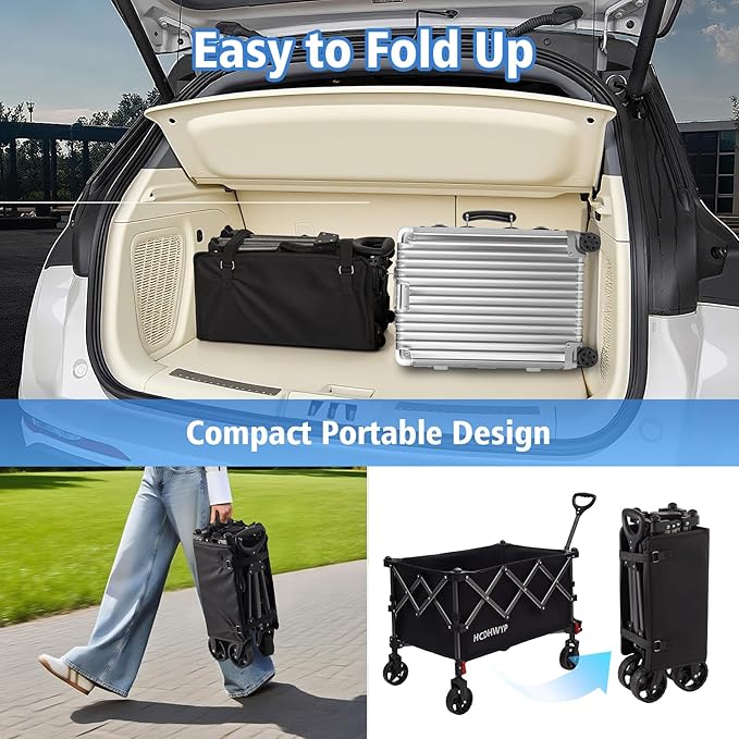 Collapsible Heavy-Duty Wagon Cart with PVC Wheels, Portable Folding Outdoor Utility Wagon for Sports, Garden, Grocery Shopping,Camping, Transportation,Hauling (130L)