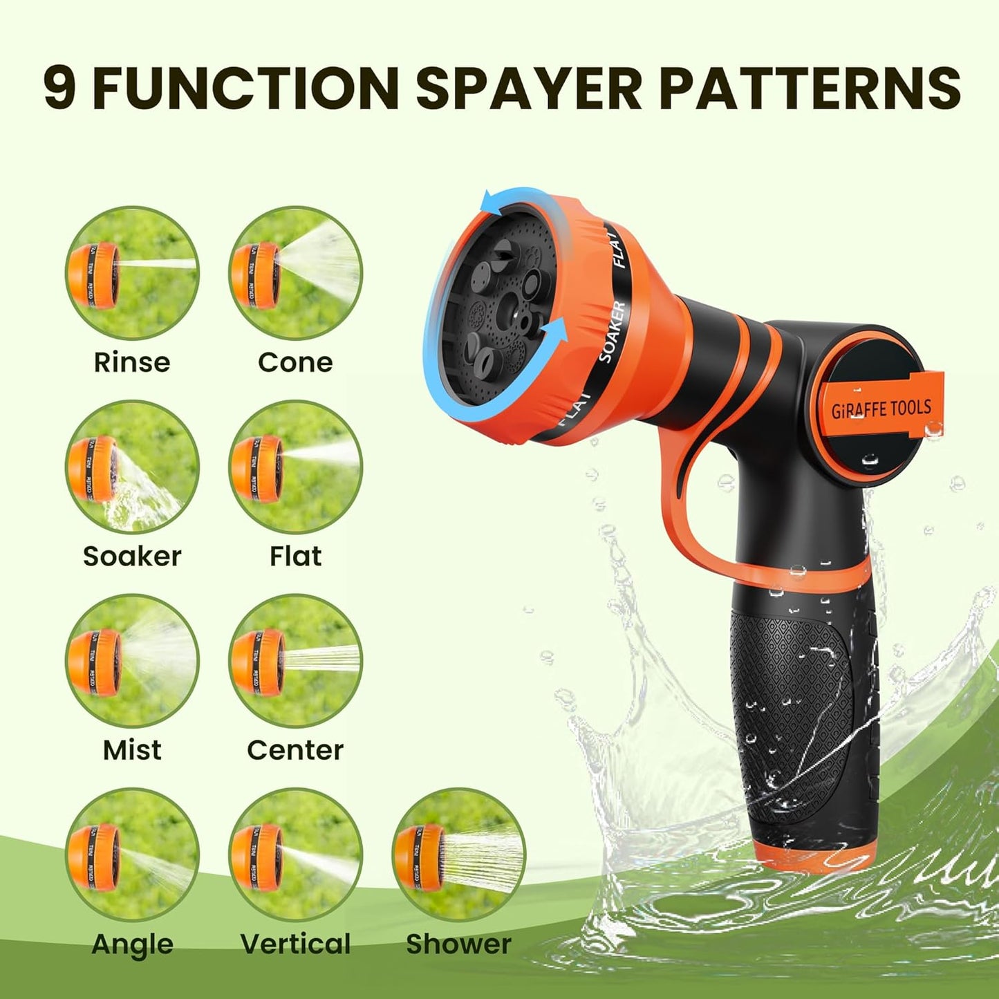 Giraffe Tools Garden Hose 100FT 1/2” Non-Expandable Lightweight Flexible Water Hoses Burst 600 psi with 9 Spray Function Nozzle Heavy Duty Hose