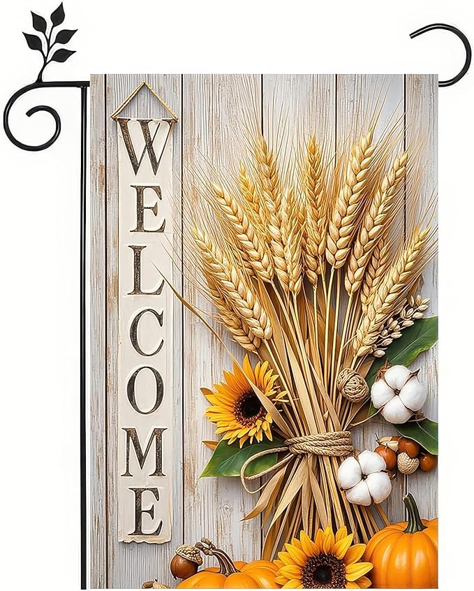 Thanksgiving Fall Garden Flag 12x18 Inch Welcome Wheat Sunflower Cotton Flag Double Sided Rustic Autumn Yard Banner for Porch Lawn Patio Seasonal Decor
