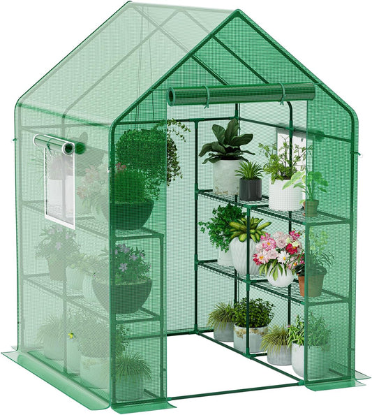 56×56×78Inch Walk-in Greenhouse for Outdoors with Screen Windows, Heavy Duty Small Plant House with Thicken PE Cover and Steel Shelves, Portable Green House for Outside Garden Winter, Green