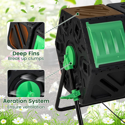 Dual Chamber Outdoor Compost Tumbler, Heavy-Duty Rotating Composter with Aeration & 2 Sliding Doors, 34.5 Gallon Composting Bin for Garden Kitchen Yard Waste