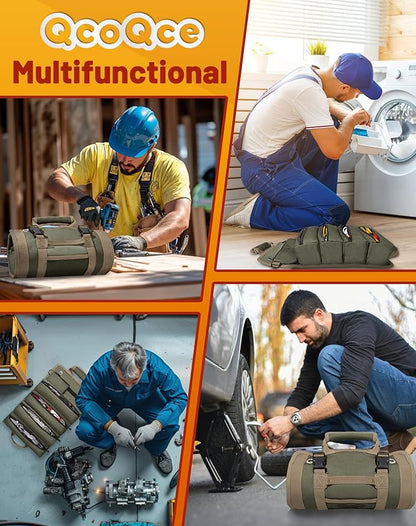 QcoQce Heavy Duty Oxford Tool Roll, Waterproof Durable Tool Bag with 6 Pockets, Tool Organizer for Garage, Vehicle Maintenance, Home Repairs, Portable Roll Up Tool Bag Gift for Men