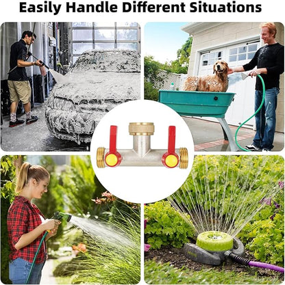 2 Way Hose Splitter, Brass High Flow Garden Hose Splitter Heavy Duty, Hose Connector, Water Spigot Splitter, Full Flow Faucet Splitter with shutoff, 3/4” GHT Inlet