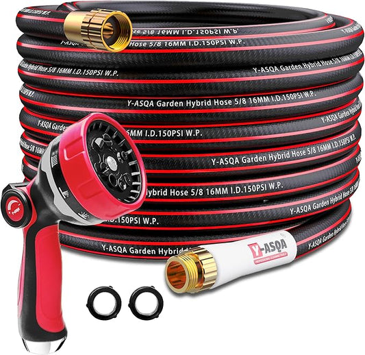 YASQA 50 ft Garden Hose with Nozzle,Lightweight 5/8in Water Hose with 10 Functions Spray Nozzle,3/4'' Heavy Duty Brass Fittings,Durable Kink Free Rubber Pipe for Yard, Car, Pets,Outdoor