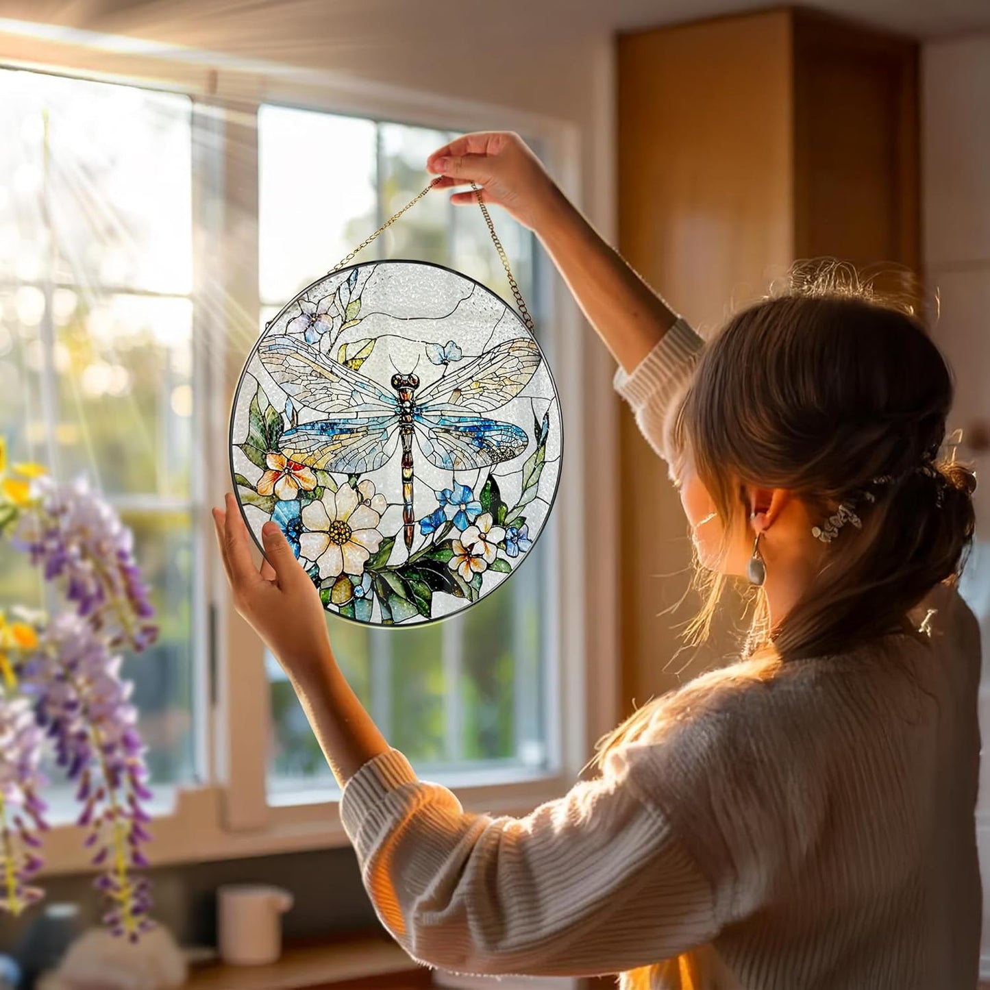 Stained Glass Window Hanging, 8 Inch Dragonfly Stained Glass Suncatcher, Sun Catchers Indoor Window, Dragonfly Decor, Mother's Day, Christmas, Birthday Gift, Gifts for Mom, Sisters, Bestie, and Woman