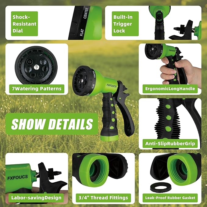 Garden Hose Nozzle Sprayer– this high heavy-duty spray nozzle offer 7 watering patterns for watering plants, lawns & gardens, washing cars, household cleaning and showering pets. (Green)