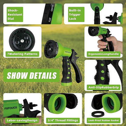 Garden Hose Nozzle Sprayer– this high heavy-duty spray nozzle offer 7 watering patterns for watering plants, lawns & gardens, washing cars, household cleaning and showering pets. (Green)