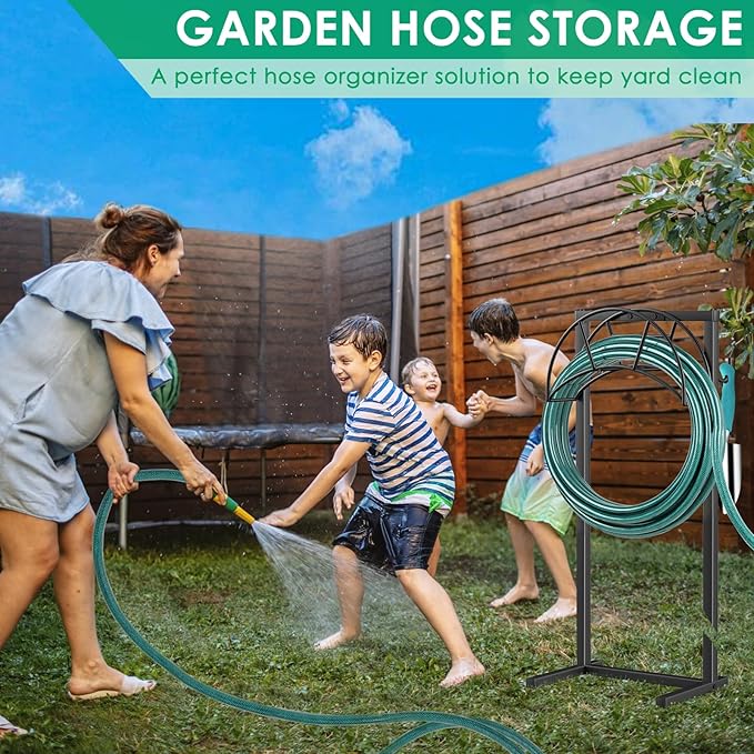 TomCare Garden Hose Holder 4 Spikes Garden Hose Reel Hose Stand Upgraded Water Hose Storage with Tool Hooks Garden Hose Hanger Organizer Holds 160ft Hoses for Outside Yard Lawn, Black