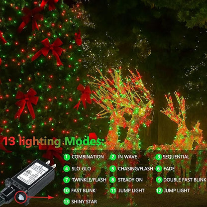 Upgraded Connectable 200 LED Christmas String Lights Outdoor Indoor, 66FT Red and Green Christmas Lights 13 Modes, Waterproof Twinkle Fairy Lights Plug in Clear Wire for Tree, Bedroom Decoration
