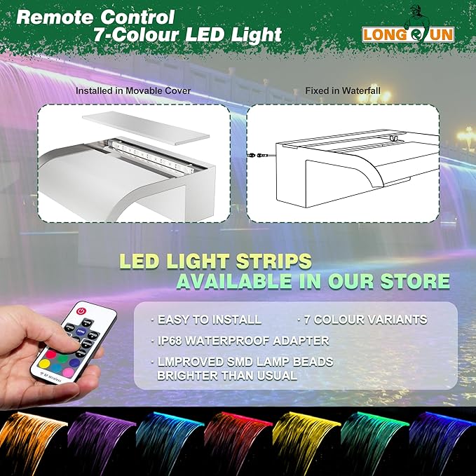 LONGRUN Pool Fountain Stainless Steel Outdoor Pond Spillway Waterfall with Wider Water Flow Platform Multi-Color LED Light Spray Indoor Waterfall Fountains for Garden-11.8"