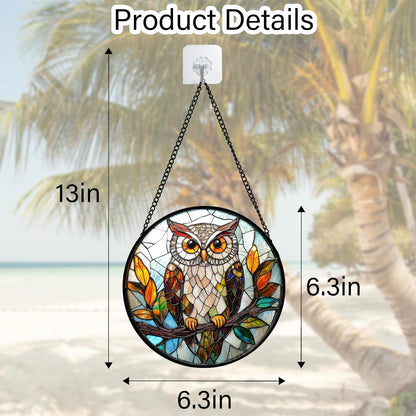 Stained Glass Window Hanging, Owl Colorful Leaves Birds Sun Catchers Diamond Glass Panel Hangings Suncatcher Decor for Birthday for Women, Men, Wife, Aunt, and Mom 6.3 in