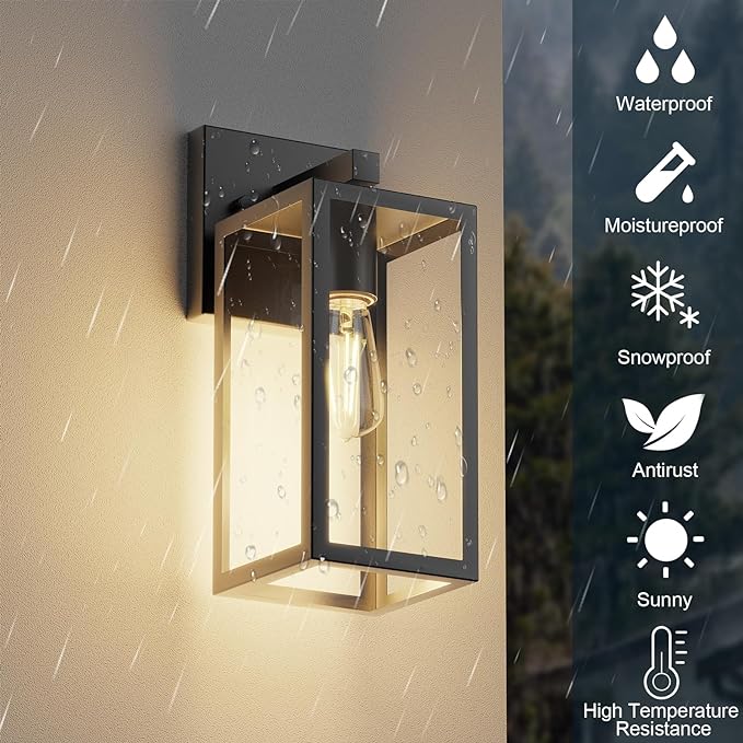Kalium Porch Wall Lights Outdoor, Waterproof Lanterns with Frame and Clear Glass Shade, Exterior Front Porch Light Matte Black Wall Sconce, Modern Mounted Lighting for Patio Entryway Hallway