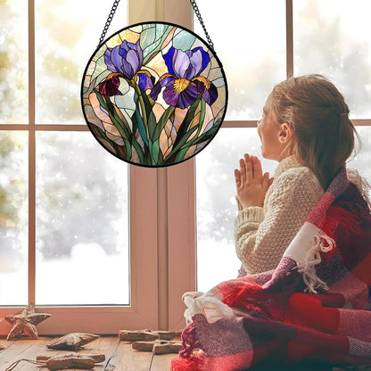 Stained Glass Window Hanging, Purple Blue Iris Birth Flower Suncatcher for Doors Garden Yard Sun Catchers Decor Christmas Mother's Day Birthday Gifts for Teacher Women Mom Nana Wife 6.3 in