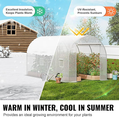 VEVOR Walk-in Tunnel Greenhouse, 9.6x6.4x6.2 ft Hoop House Greenhouse Tunnel, Plant Hot House with Galvanized Steel Frame, White PE Cover, Roll-up Zipper Door and 6 Windows for Outdoor