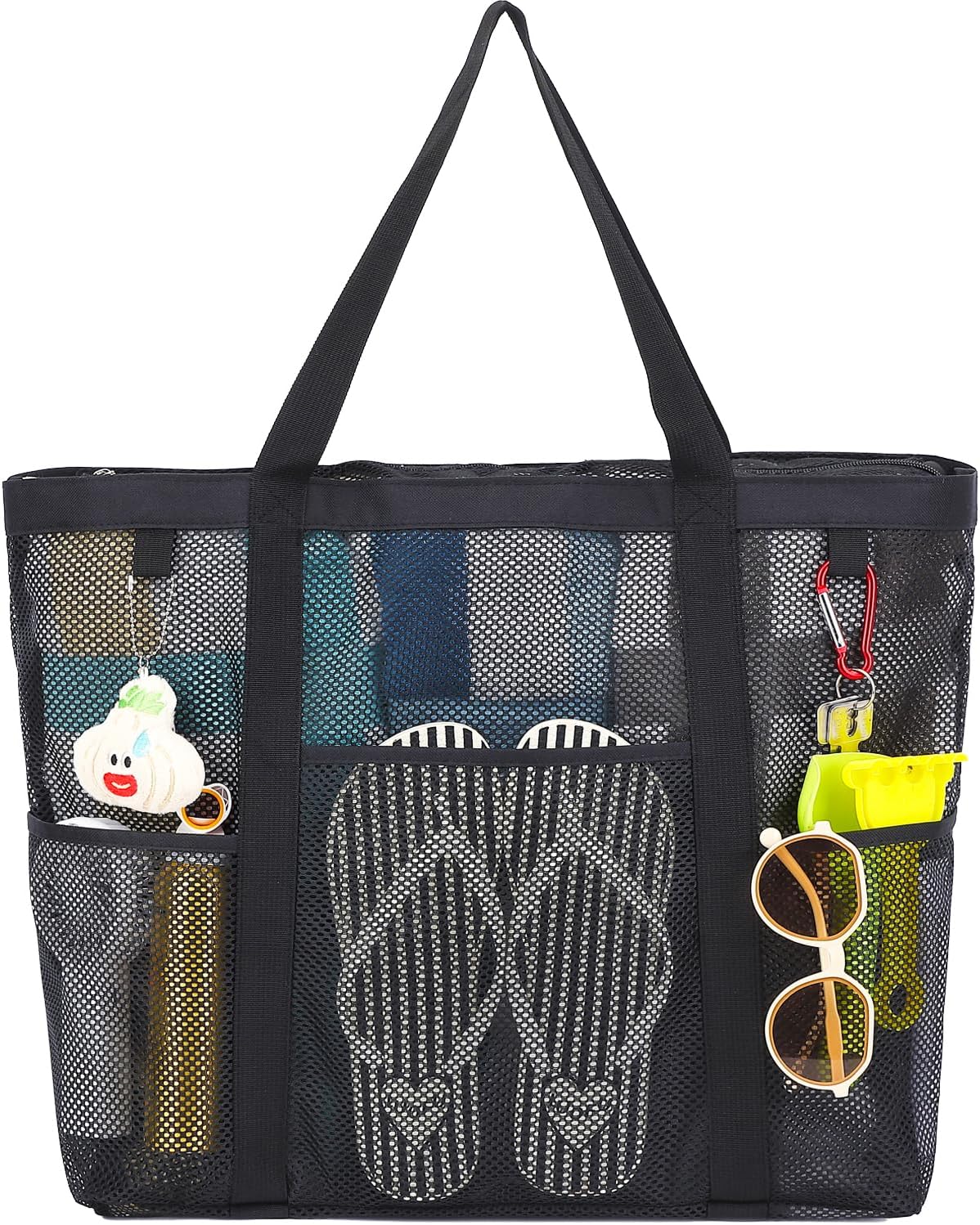 Mesh Beach Bag, Large Beach Tote with Zipper Pocket for Family Pool Bag for Toys & Vacation Essentials