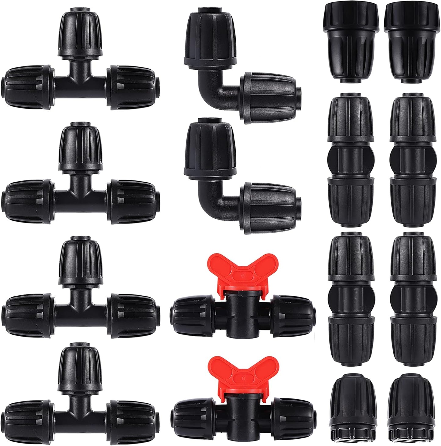 16 Pcs 1/2 inch Tubing Irrigation Fittings Kit, For (1/2" ID x0.6-0.63" OD) 16mm Drip Tubing Barbed Locked Nuts Connectors 2 Ends,2 Elbows,2 Switch Valves,2 US Standard Adapters,4 Tees 4 Couplings