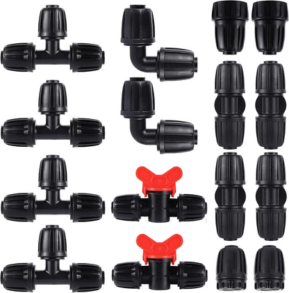 16 Pcs 1/2 inch Tubing Irrigation Fittings Kit, For (1/2" ID x0.6-0.63" OD) 16mm Drip Tubing Barbed Locked Nuts Connectors 2 Ends,2 Elbows,2 Switch Valves,2 US Standard Adapters,4 Tees 4 Couplings