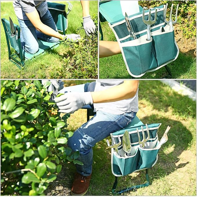 Ohuhu Garden Kneeler and Seat, Heavy Duty Garden Stool with EVA Foam Kneeling Pad, Foldable Gardening Bench with 2 Tool Pouches, 2-in-1 Portable Gardening Supplies, Idea Gifts for Women Men Seniors
