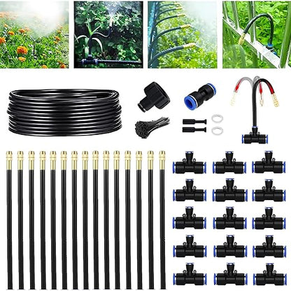 49.21Ft Greenhouse Drip Irrigation Kit Automatic Irrigation System 360°Adjustable 15 Brass Spray Nozzles 8mm Irrigation Tubing Hose Patio Misting Plant Watering with Blank Distribution Tubing Hose