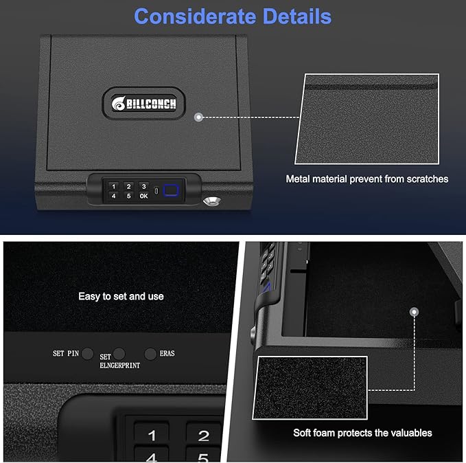 Biometric Gun Safe for Pistols 3-Ways unlock Fingerprint Digital PIN Key Unlock Handgun Safe with Sound, Lock box for Cloakroom living room Bedroom Nightstand and Car BILLCONCH